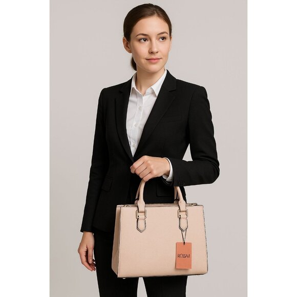 Rosani Cream Faux Leather Structured Satchel Tote Handbag Purse 10" x 13"  x 5 " - Picture 1 of 12